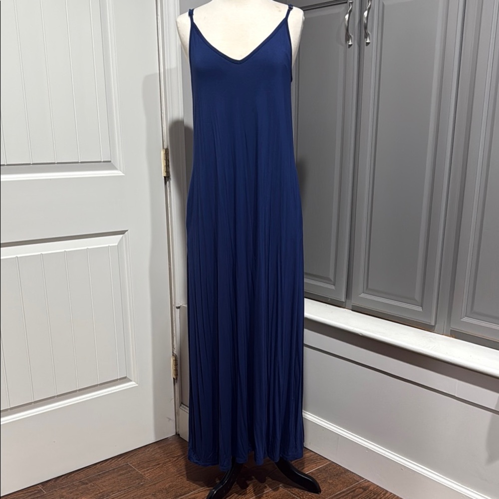 Blue Maxi Dress with Spaghetti Straps and V-Neck
